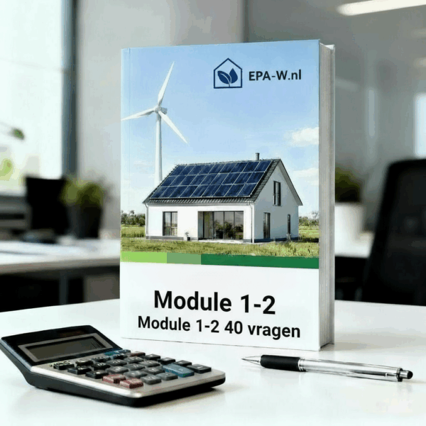 "Boek over EPA-W.nl met een afbeelding van een modern huis met zonnepanelen en windmolen op de omslag, in een kantooromgeving. Op het witte vlak onderaan staat de tekst 'Module 1-2 40 vragen', met een rekenmachine en pen op de voorgrond."